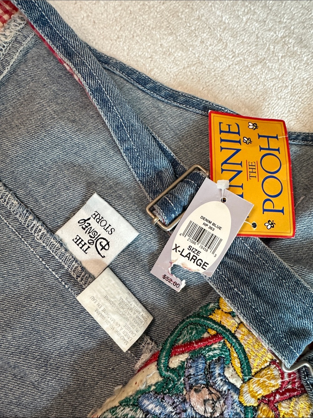NWT Winnie the Pooh Denim Short Overalls with Picnic Patchwork XL - Picture 2 of 6